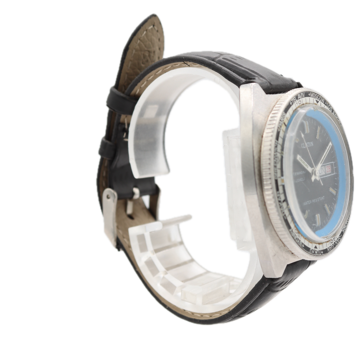 Vintage Clinton World Time Blue Men's Automatic Wristwatch 1239 Vintage Clinton World Time Blue Men's Automatic Wristwatch 1239