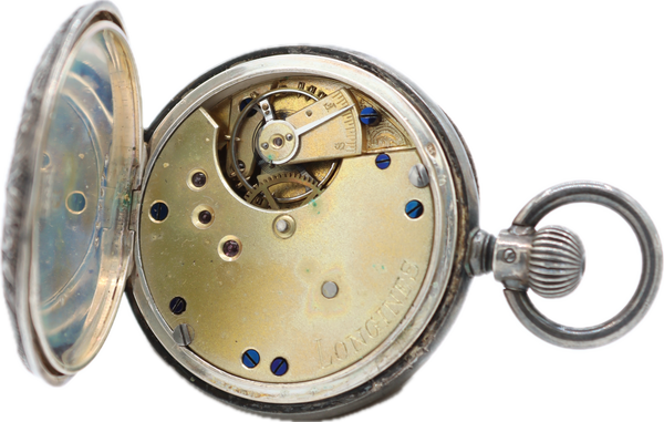 Antique Longines Repousse Knight Mechanical Lever Set Pocket Watch .935 Silver