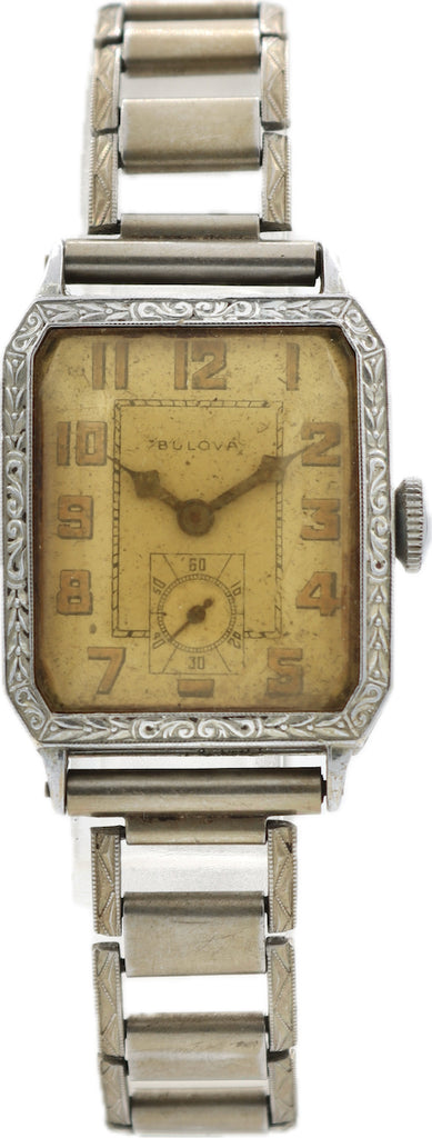 Vintage Bulova Art Deco Men's Mechanical Wristwatch 9AT 14k White Gold Filled