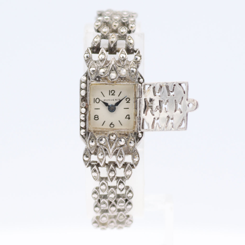 Vintage 14.5mm Hugueinn Moissanite Ladies Mechanical Wristwatch 2345 Silver Tone
