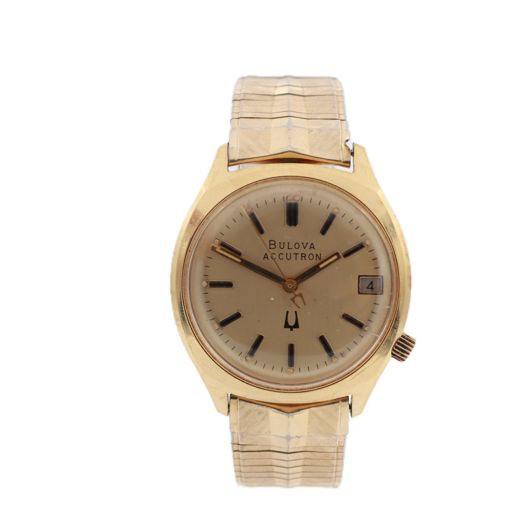 Vintage 1976 Bulova Accutron Date Men's Tuning Fork Wristwatch USA Gold Tone