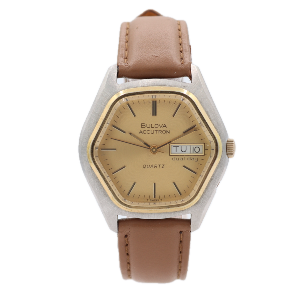 Vintage 1977 Bulova Accutron 954 Dual Day Men's Quartz Wristwatch Swiss Two Tone