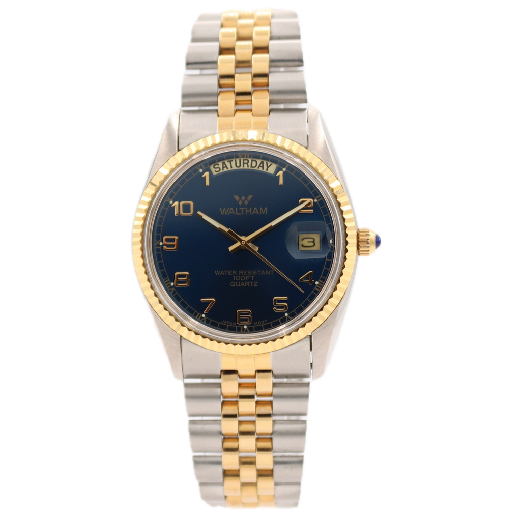 Vintage 36mm Waltham XK032 Day Date Men's Quartz Wristwatch Japan Blue Dial