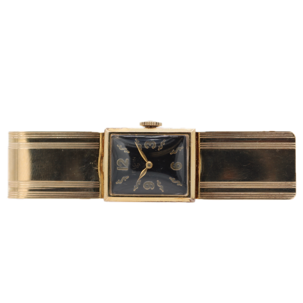 Vintage 1951 Elgin 6312 Black Dial 17J Mechanical Money Clip Watch 662 10k GF