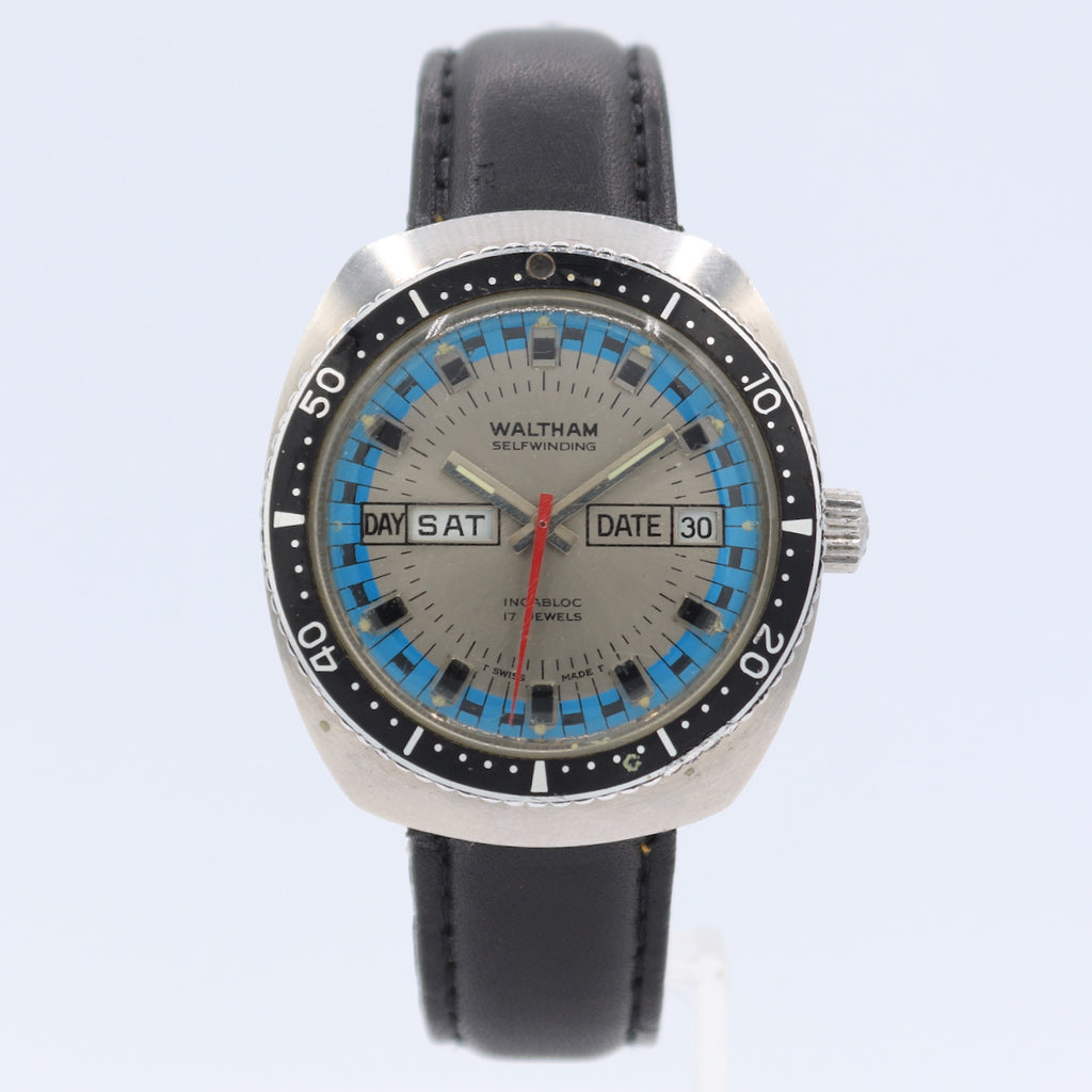 Vintage 37mm Waltham Diver Style Men's Automatic Wristwatch F 908 Swiss Steel