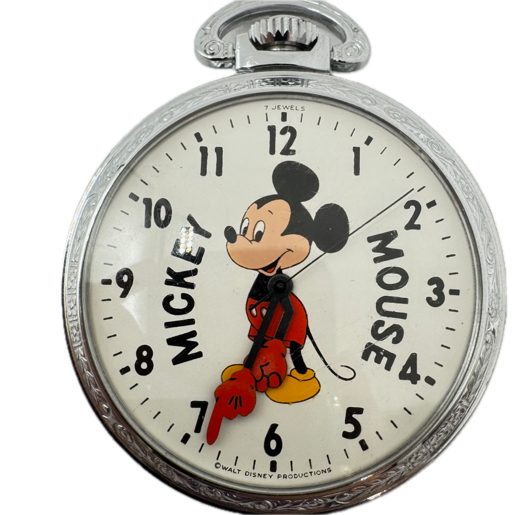 Antique 49.5mm Vantage Mickey Mouse Mechanical Pocket Watch Chrome Plated