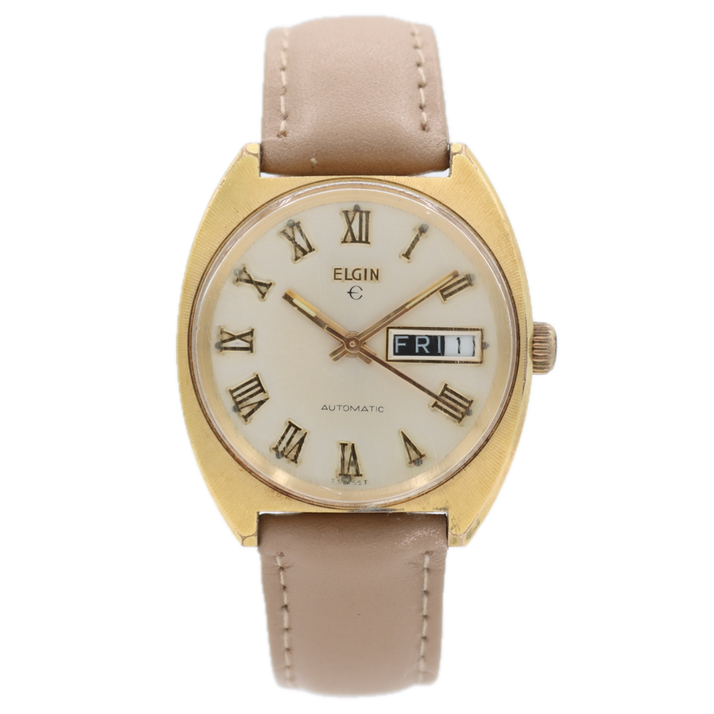 Vintage 34mm Elgin Roman Day Date Men's Automatic Wristwatch Swiss Gold Tone