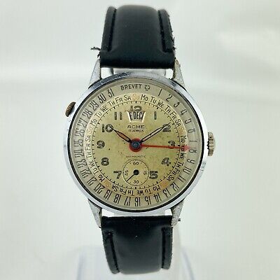 Vintage Acme Triple Date 17 Jewel Men's Mechanical Wristwatch Swiss Made Runs