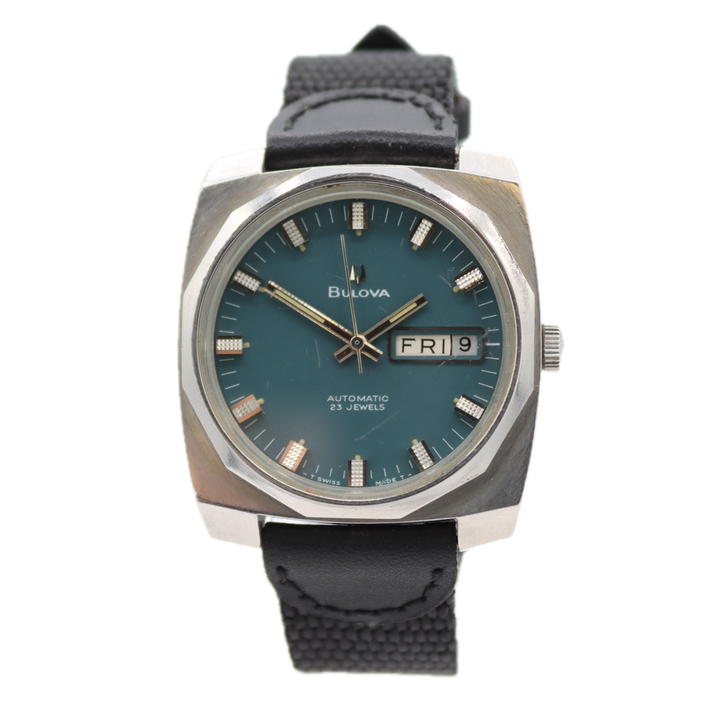Vintage 35mm Bulova 849 Blue Dial 23J Men's Automatic Wristwatch 11ANACB Steel