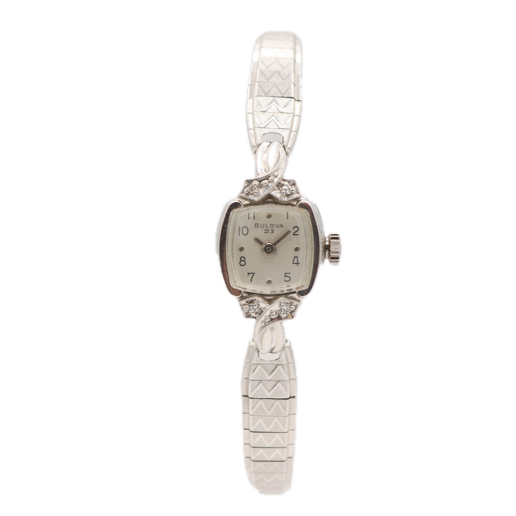 Vintage 1965 Bulova Diamonds 23JLadies Mechanical Wristwatch 5AT 10k White RGP