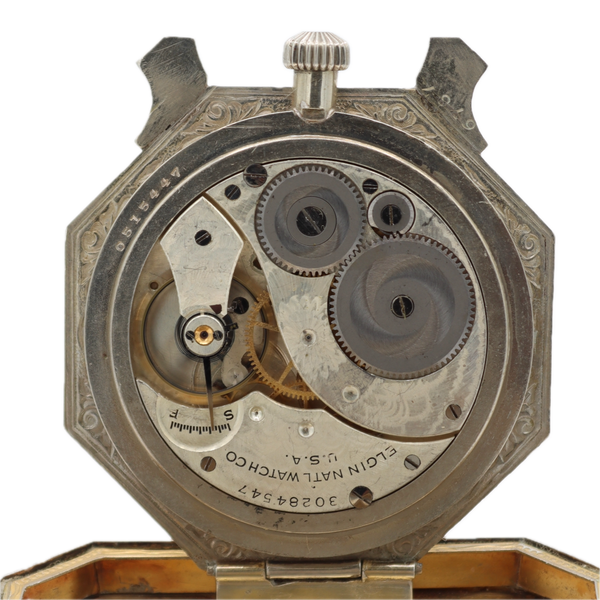 Antique 1928 Elgin Mechanical Travel Clock 303 Spartan Case Sterling Silver