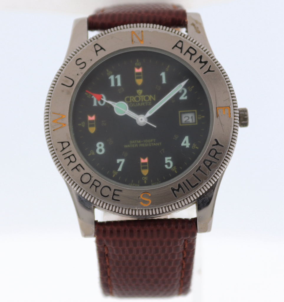 Vintage Croton Bombardier Military Men's Quartz Wristwatch Japan Steel & Chrome