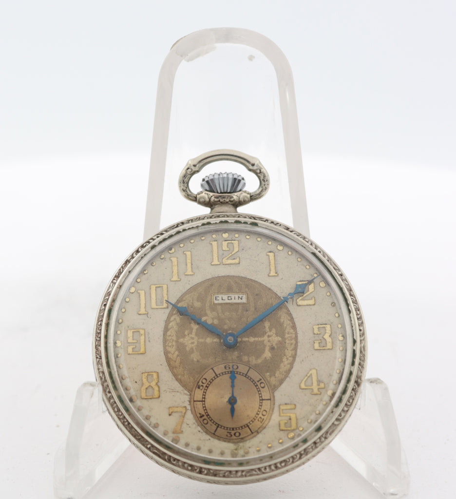 Antique 12 Size 1924 Elgin Fancy Dial 17 Jewel Pocket Watch 345 Silveroid