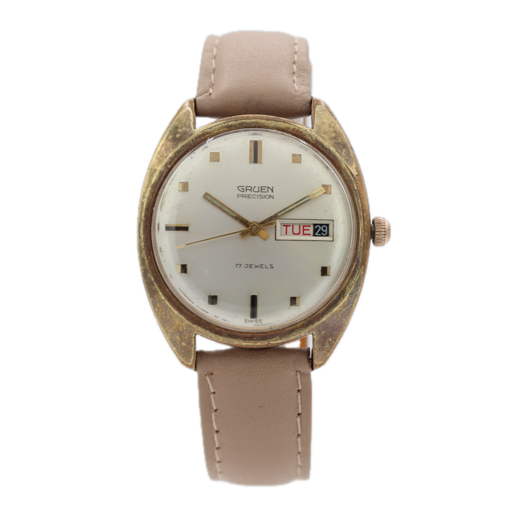 Vintage 36mm Gruen 510 CD Day Date Men's Mechanical Wristwatch 512 CD Gold Tone
