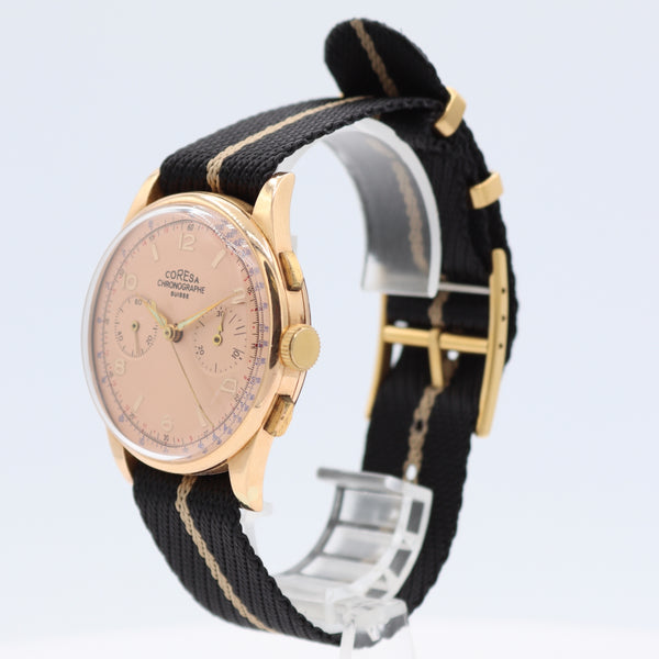 Vintage Coresa Salmon Dial Men's Chronograph Wristwatch Landeron 51 18k Gold