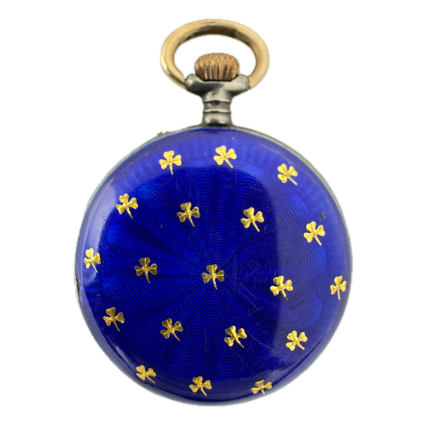 Antique Clover Blue Enamel Cylinder Escapement Pocket Watch Sterling Silver