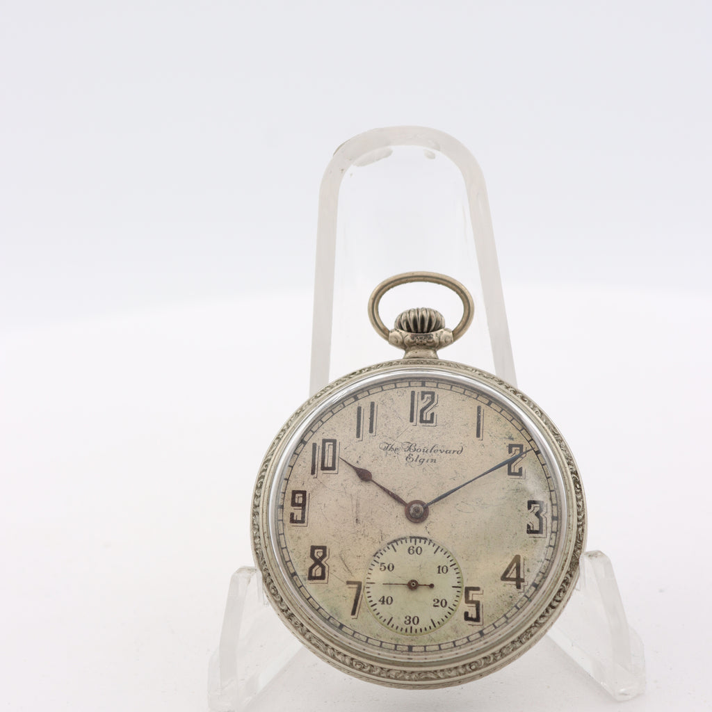 Antique 12S Elgin The Boulevard Mechanical Open Face Pocket Watch 384 Nickeloid