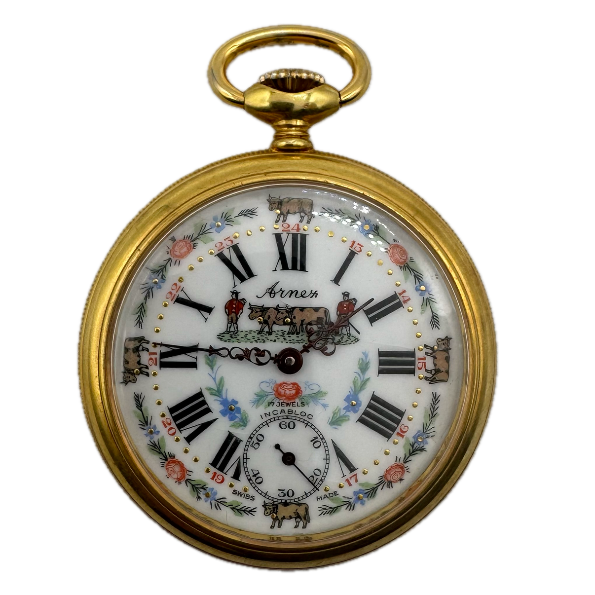 Arnex Time Co. Incabloc Cattle & Flower Painted Enamel