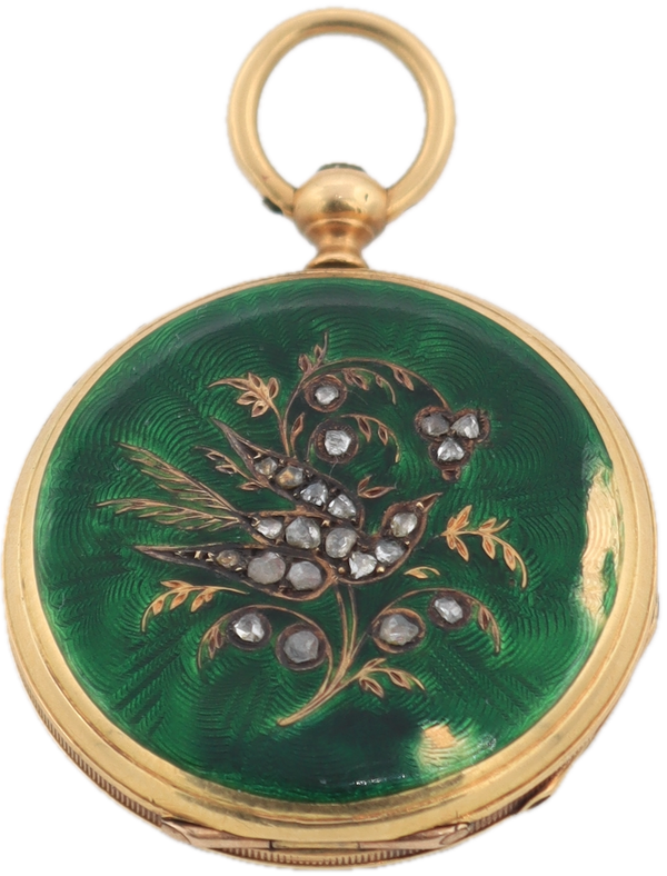 Antique Patek Geneve Green Enamel & Diamonds Key Wind Pocket Watch 18k Gold