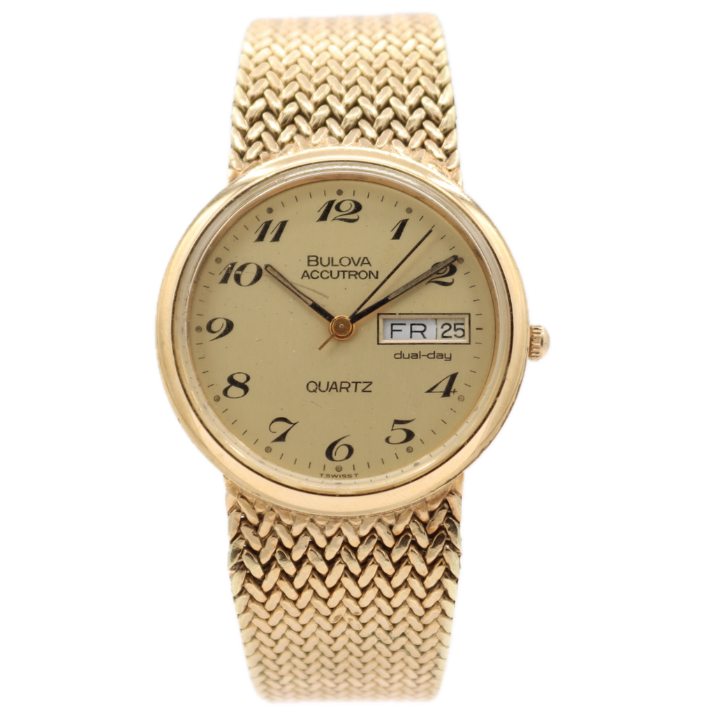 34mm 1979 Bulova Accutron Dual Day Men's Quartz Wristwatch 10k RGP Gold Dial