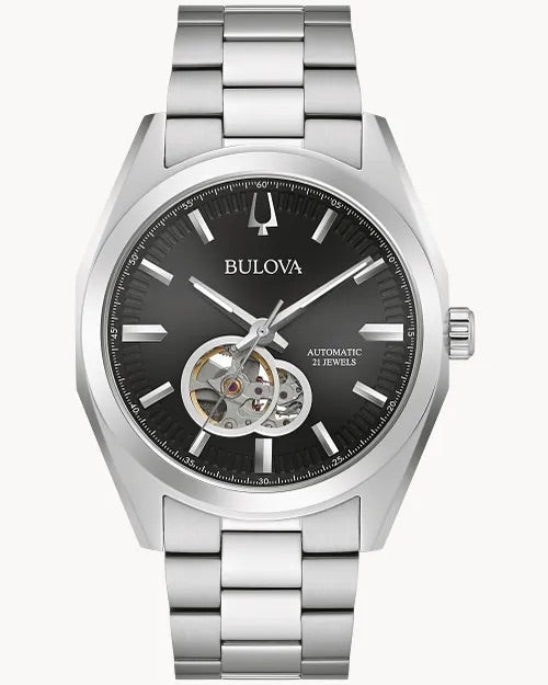 42mm Bulova 96A270 Surveyor Open Heart Men's Automatic Wristwatch Steel Classic