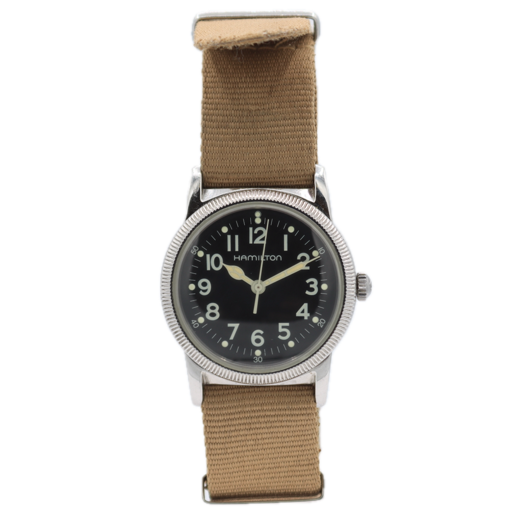 Vintage 32mm Hamilton 9715 Military Style Men's Quartz Wristwatch Swiss Steel