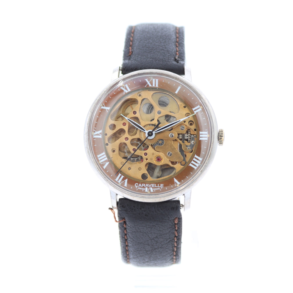 Vintage 1978 Caravelle Skeleton Dial Men's Mechanical Wristwatch Swiss Steel 1
