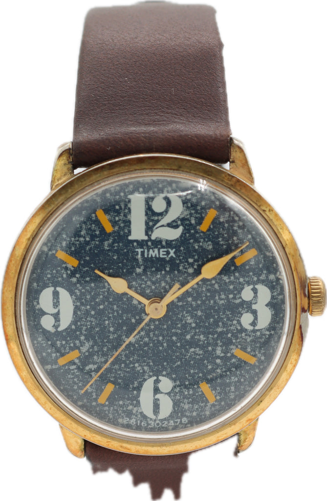 Vintage 35mm Timex Denim Print Dial Men's Mechanical Wristwatch Gold Tone