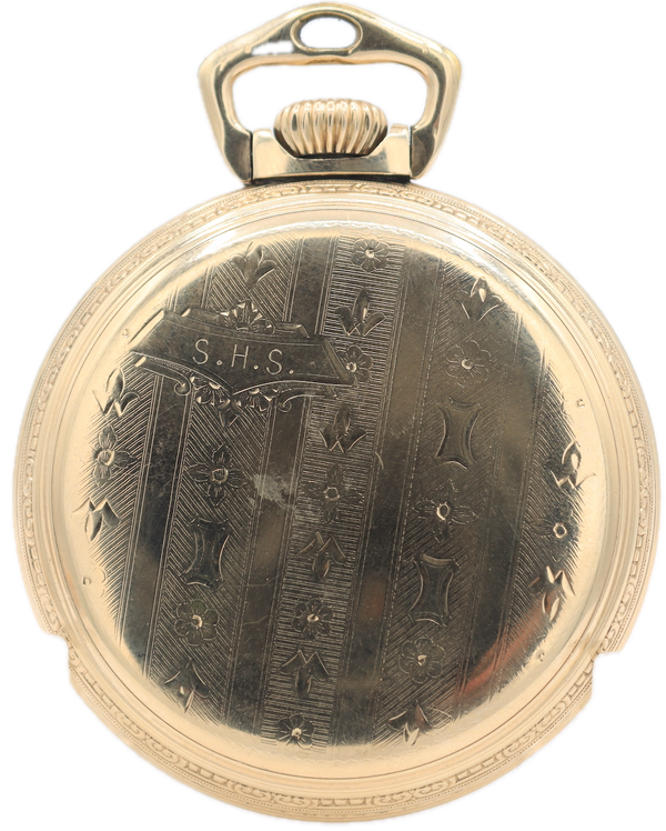 Vintage 16s 1940 Ball Flower & Shield 23 Jewel Railroad Pocket Watch 998 10k GF