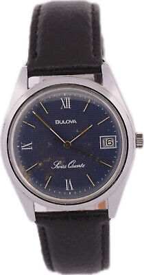 Vintage 35mm Bulova Blue Waffle Dial Men's Quartz Wristwatch ESA 563.121 Steel