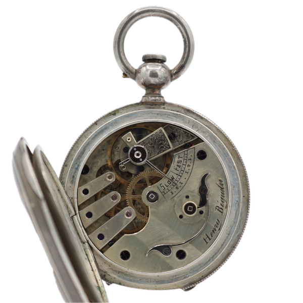 Antique Henry Beguelin Straight Line Key Wind Hunter Pocket Watch Silver Swiss