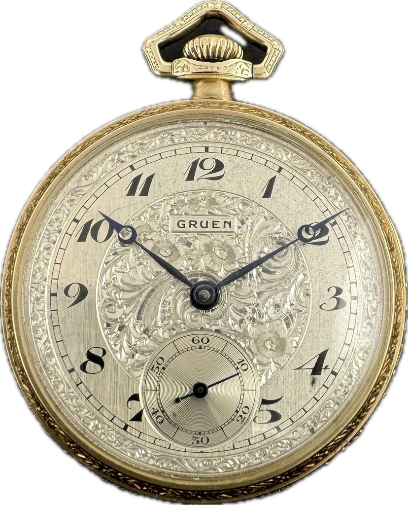 Antique Gruen Engraved Dial Mechanical Pocket Watch 756 14k Gold Filled Deco