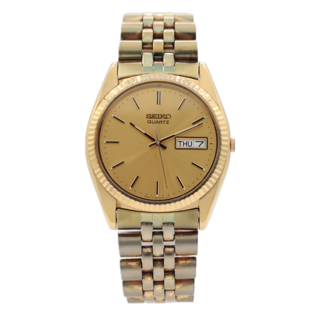 Vintage 36mm Seiko 7N43-8119 Day Date Men's Quartz Wristwatch Japan Gold Tone