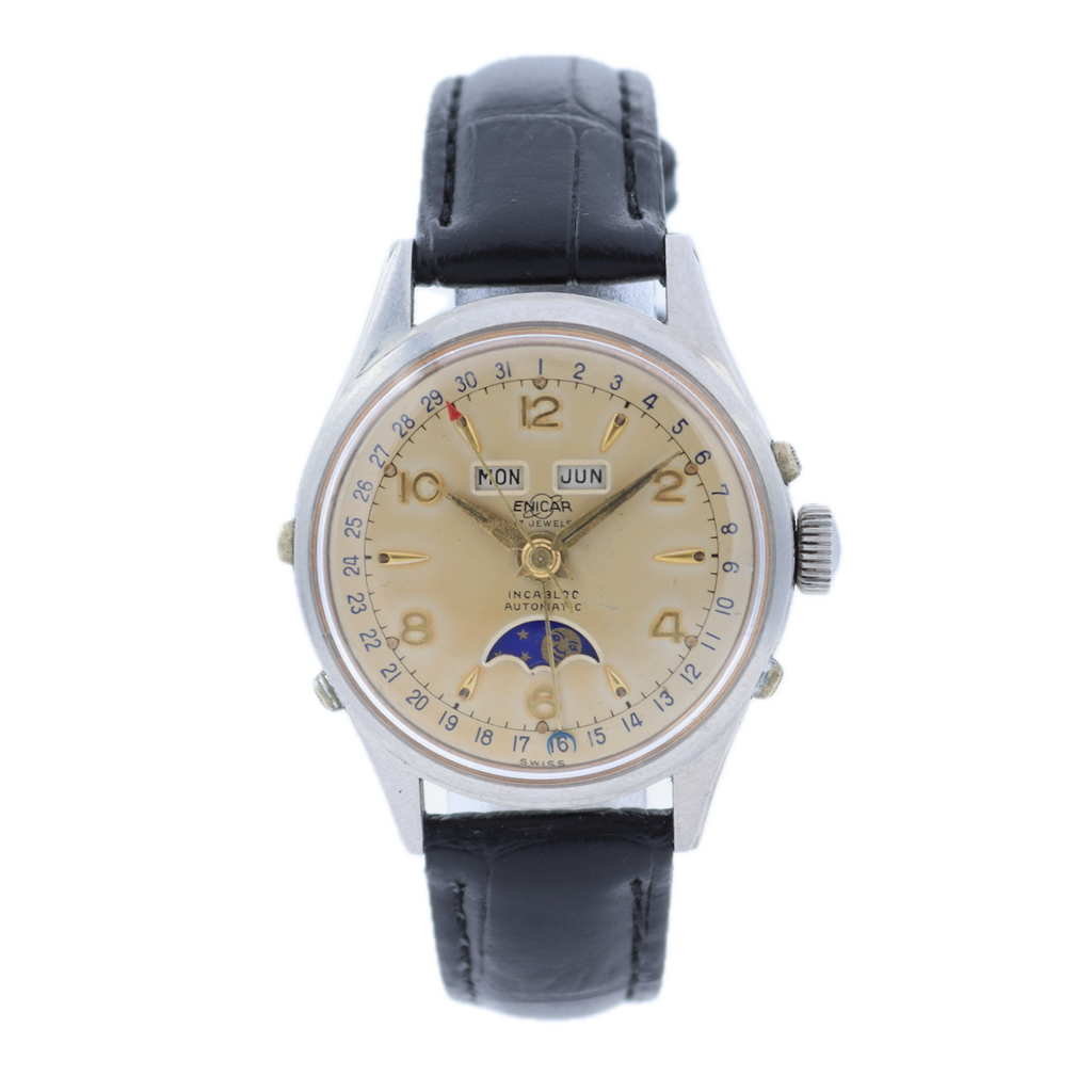 Vintage 32mm Enicar Triple Date Moonphase Men's Automatic Wristwatch Felsa 693