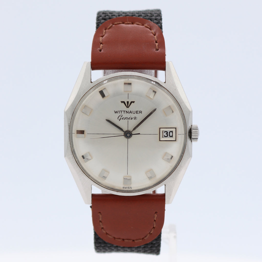 33mm Wittnauer Sunburst Date Men's Wristwatch Swiss Stainless Steel Silver Dial