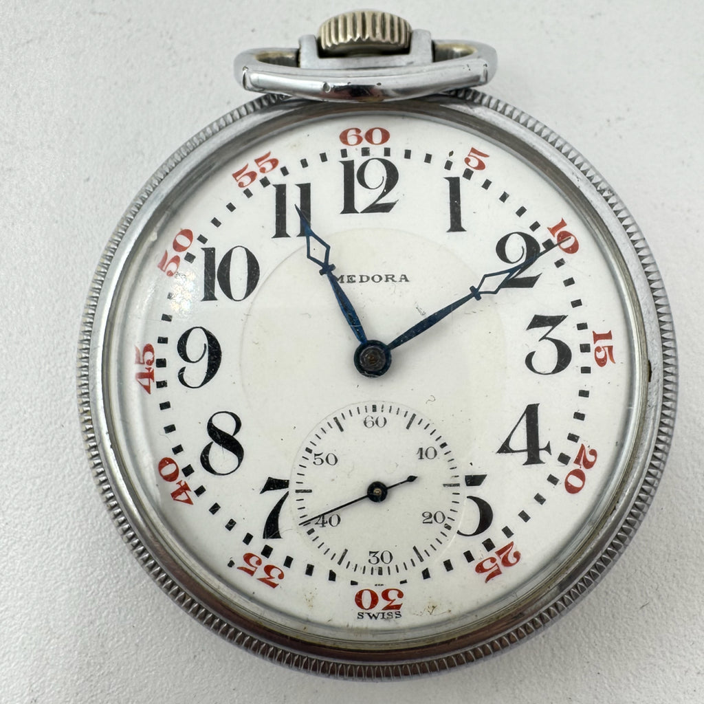 Antique 51.5mm Medora 17 Jewel Mechanical Pocket Watch Chrome Plated Runs