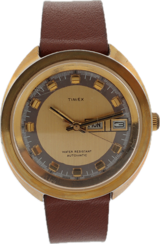 Vintage 40mm TImex Day Date Men's Automatic Wristwatch Gold Tone Gray & Champagne