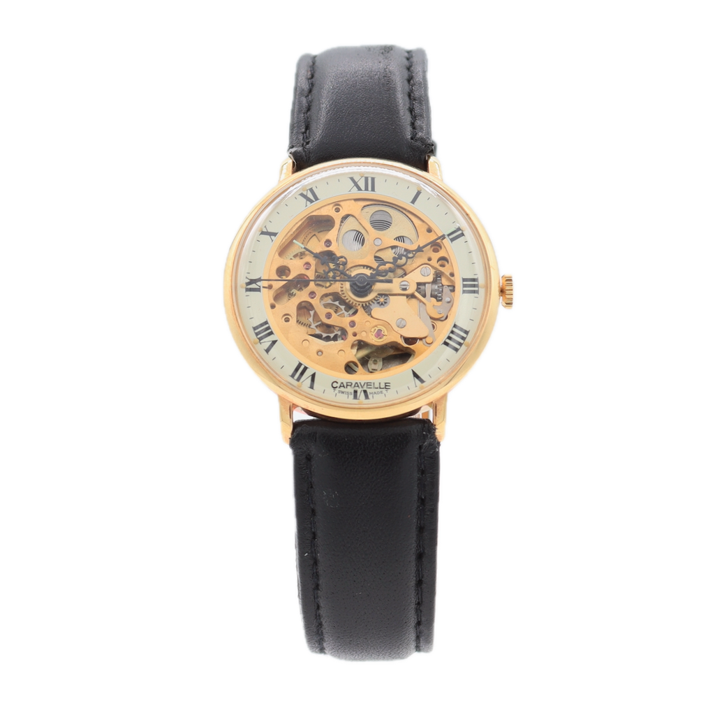 Vintage 34mm Caravelle 8225 Skeleton Dial Men's Wristwatch 1241.50 Gold Tone