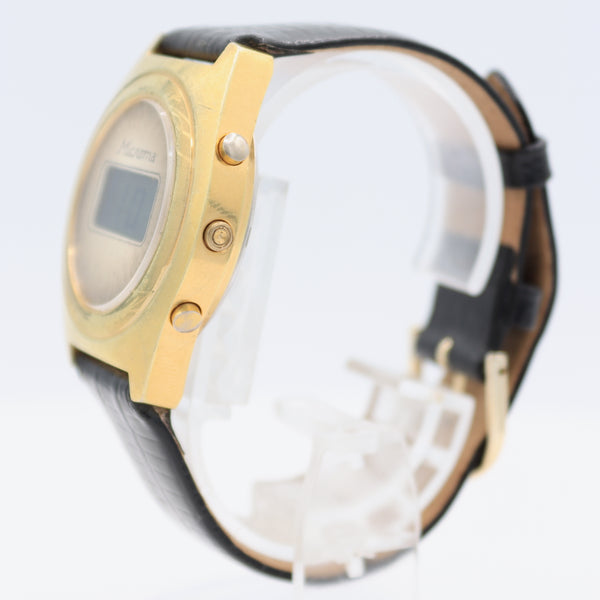 Vintage Microma Yellow Sunburst Men's Digital LED Wristwatch Swiss Gold Tone
