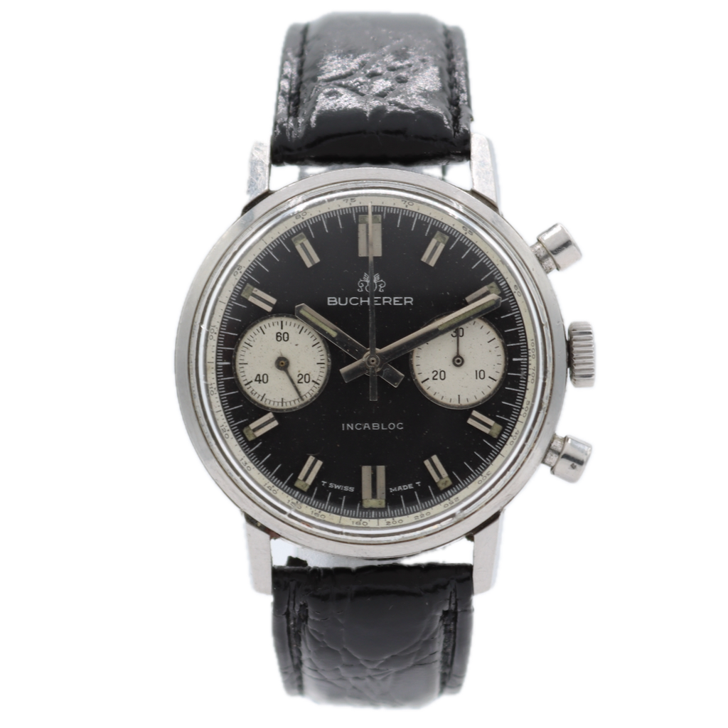 Vintage 35.5mm Bucherer Reverse Panda Dial Men's Chronograph Wristwatch Steel