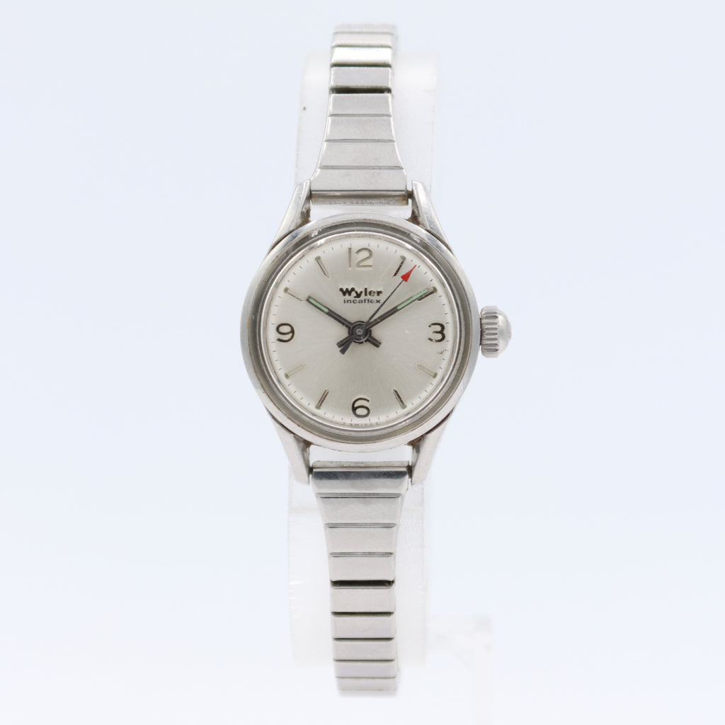 Vintage 23mm Wyler Sunburst Red Pointer Ladies Mechanical Wristwatch Swiss Steel