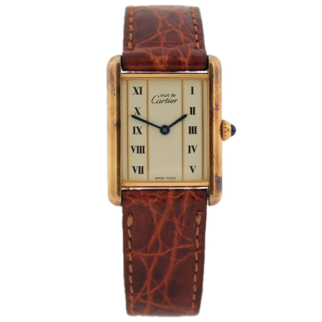 Vintage must de Cartier 1615 Tank Unisex Quartz Wristwatch Vermeil 18k Plated