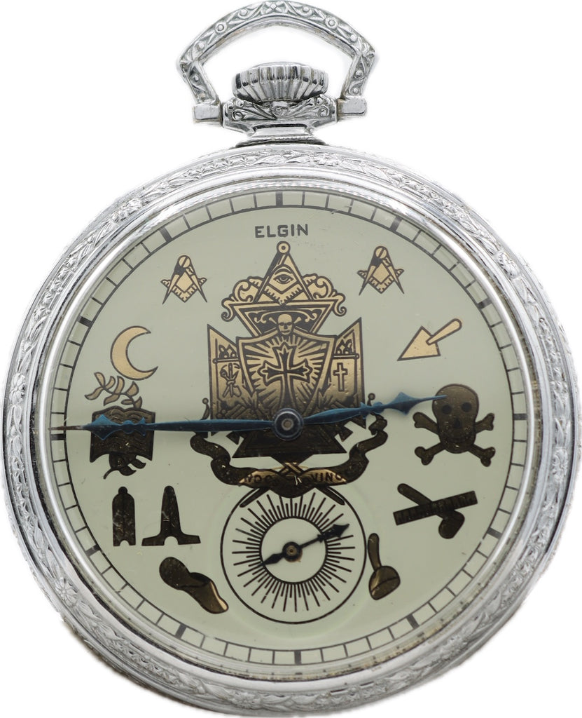 Antique 12 Size Elgin Masonic 15 Jewel Pocket Watch Grade 315 Chrome Plated