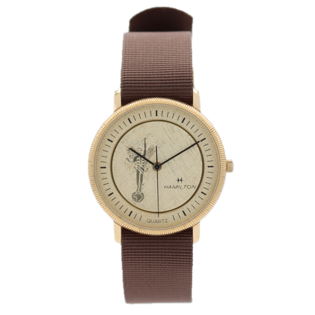 1986 Hamilton Linen Dial Men's Quartz Wristwatch ETA 955.112 Gold Tone W/Box