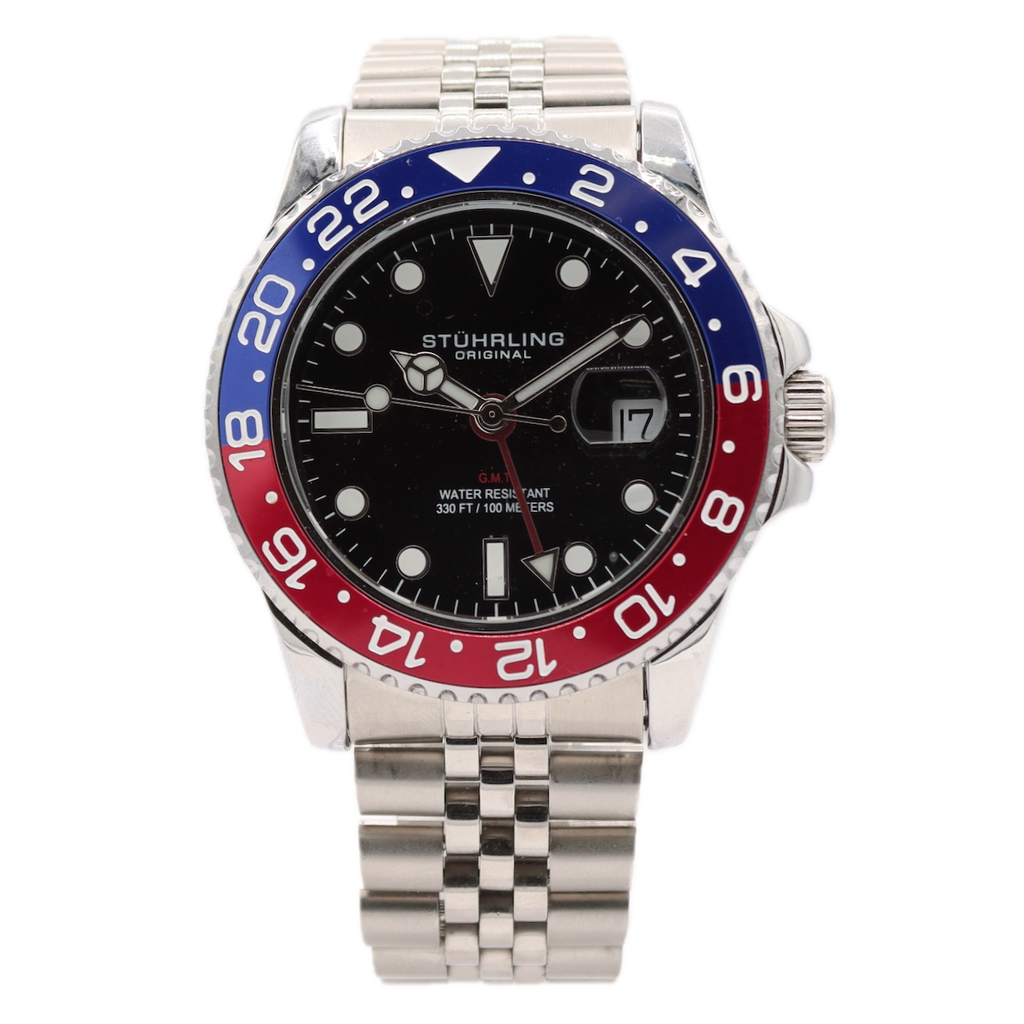 43mm Stuhrling Meridian GMT Men's Quartz Wristwatch Steel "Pepsi" Diver W/ Box
