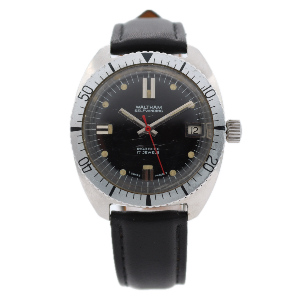 Vintage Waltham B339 Diver Style Men's Automatic Wristwatch Font 90-5 Steel Runs