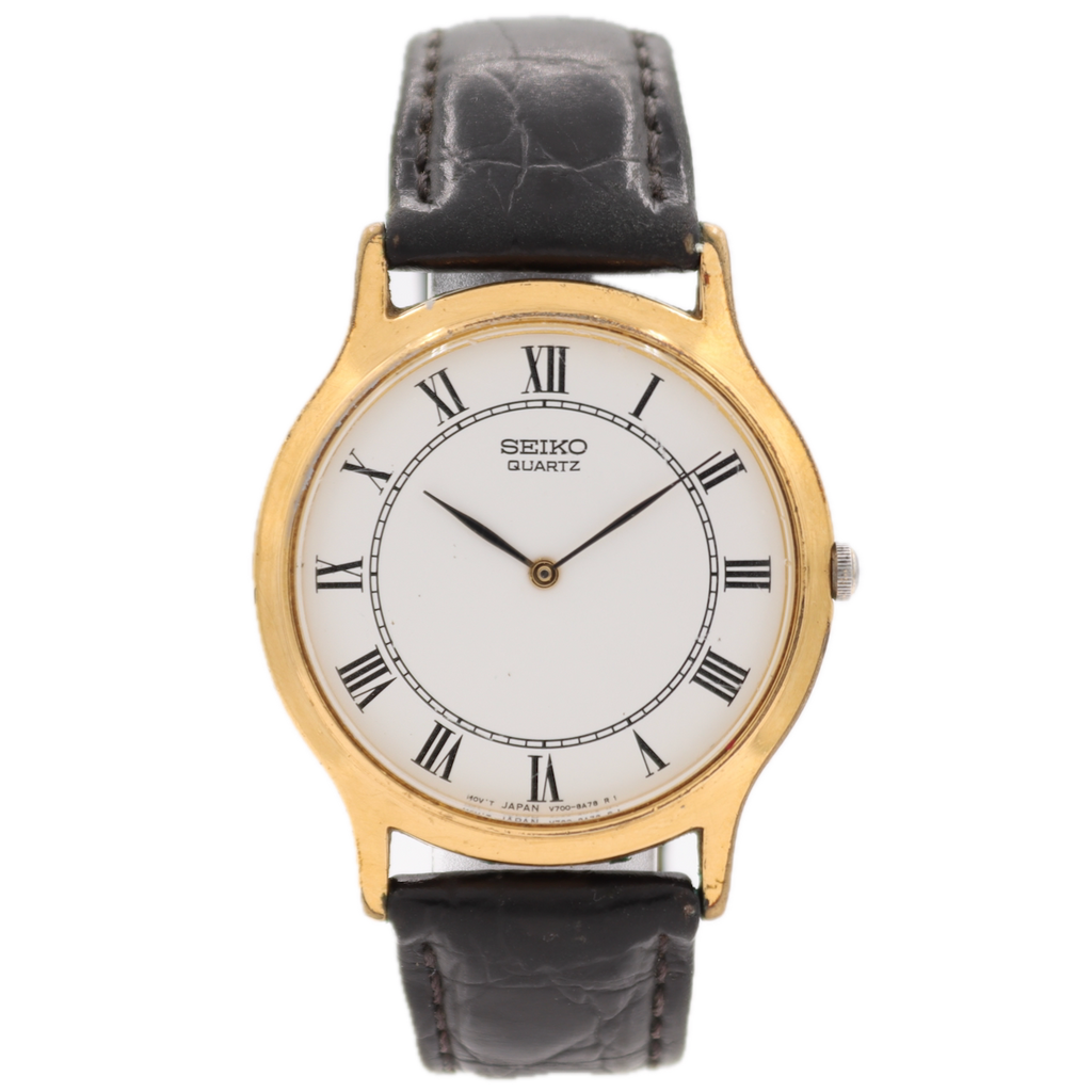 Vintage 35mm Seiko V700-8A10 Slim Roman Men's Quartz Wristwatch Japan Gold Tone
