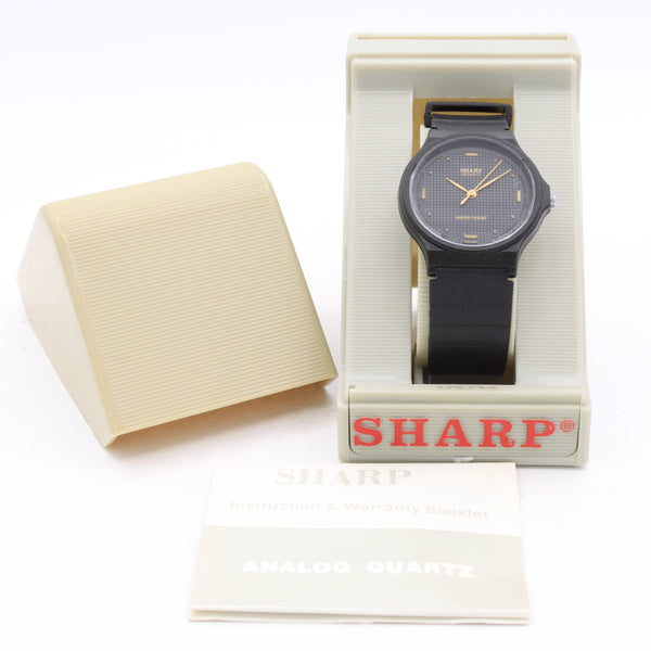 Vintage 34mm Sharp Black Dial Men's Quartz Wristwatch Japan PVD Coated Runs