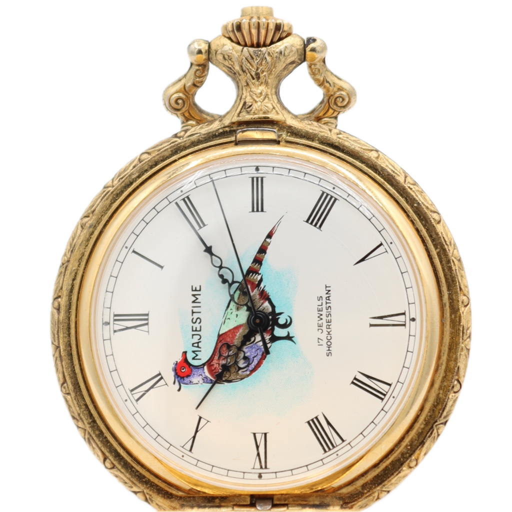 Antique Majestime Bird Dial 17 Jewel Mechanical Hunter Pocket Watch Swiss