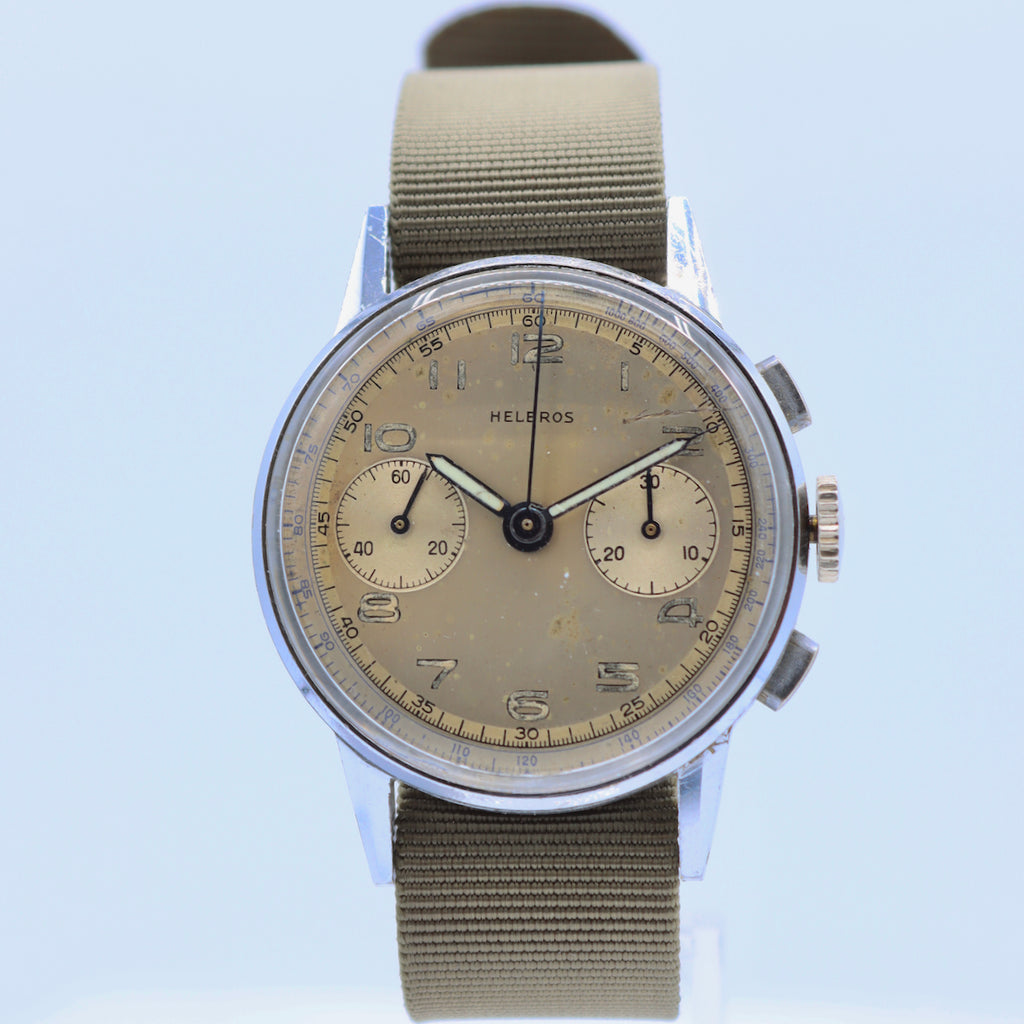 Vintage 35mm Helbros Military Style Men's Chronograph Wristwatch Landeron Steel